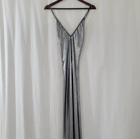 knee length dresses for ladies Betsy & Adam Metallic Halter Gown - Jade main image 1